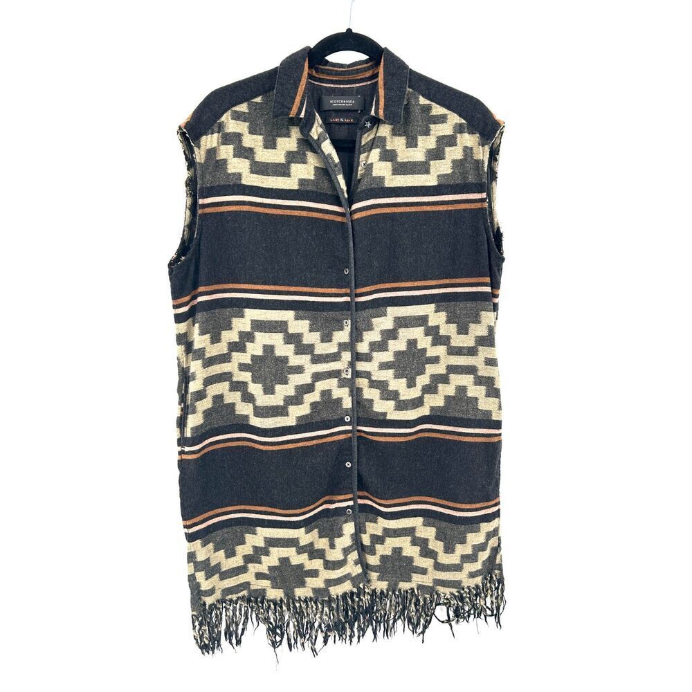 SCOTCH & SODA Black Beige Wool Aztec Button Up Oversized Fringe Shirt Dress XS